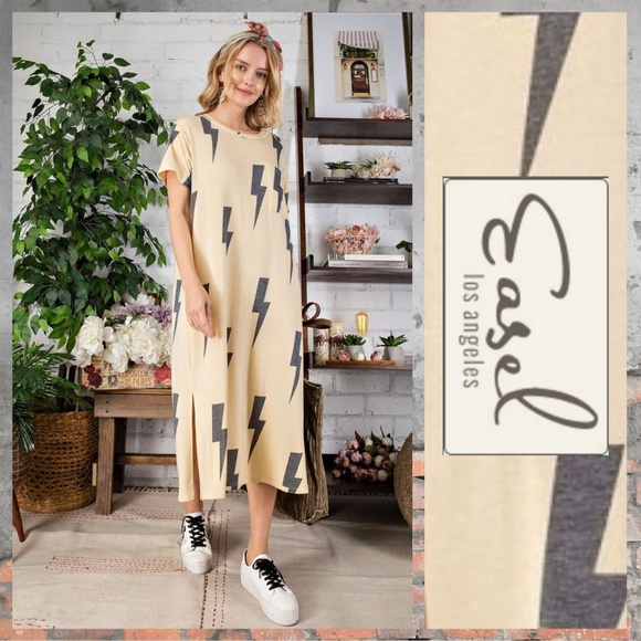 easel Dresses Easel Lightening Print Terry Knit Tee Shirt Dress